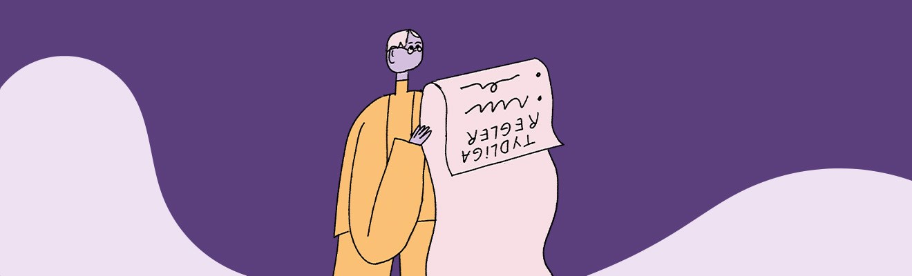 Förälder som läser en jättelång lista med regler.