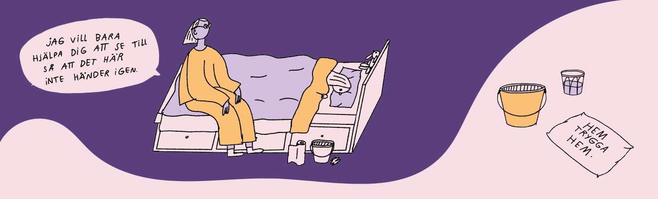 Förälder som sitter på sängkanten och en tonåring som ligger i sängen med en hink bredvid sig.