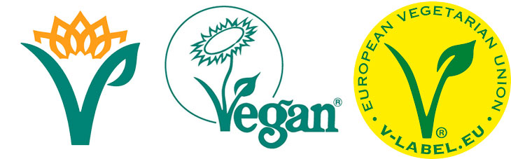 Logotyperna f&ouml;r The Vegan Society, The European Vegetarian Union och V-label.