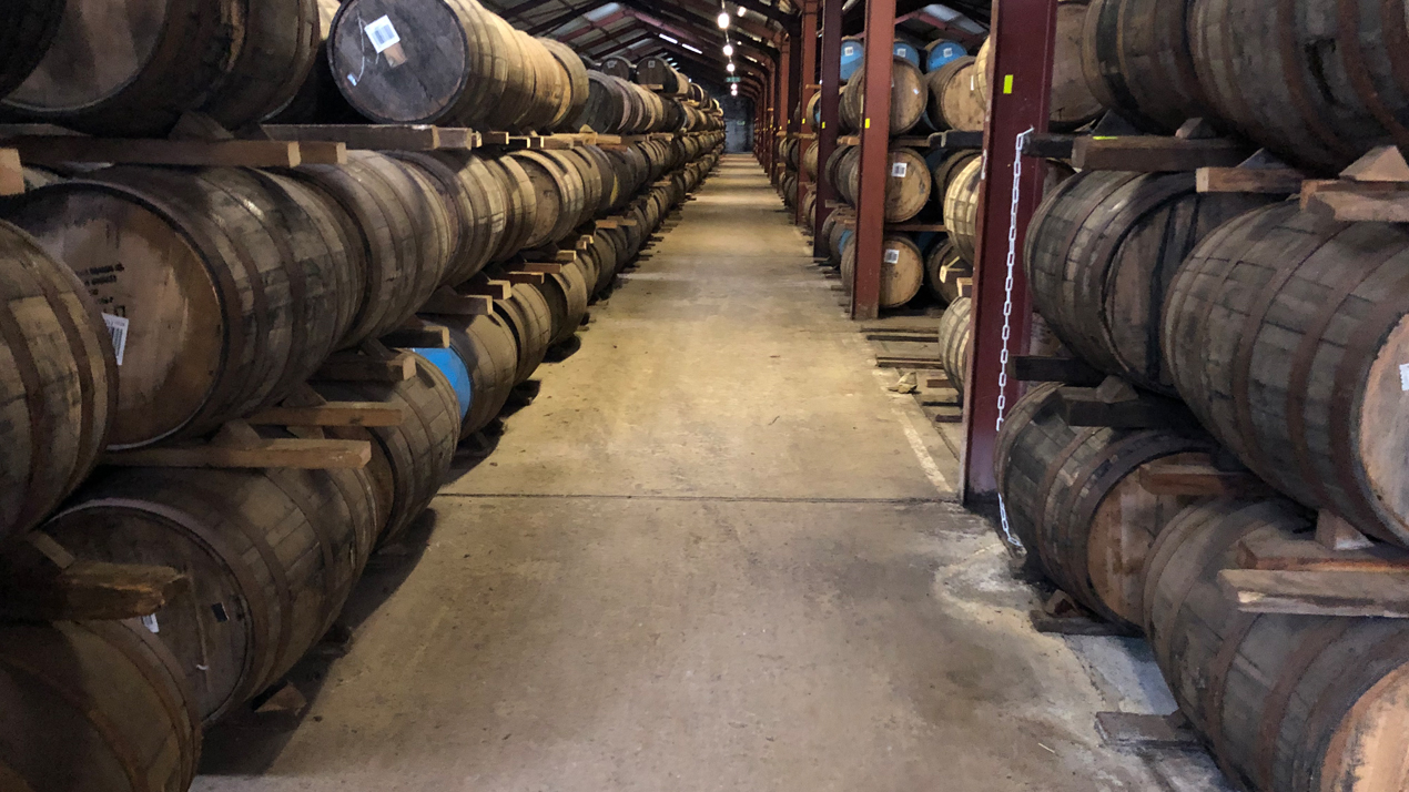 L&aring;nga rader av ekfat med whisky, tre rader h&ouml;gt, str&auml;cker sig bort&aring;t i m&ouml;rk lagerlokal med cementgolv.